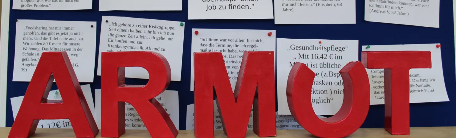 Armut - rote Buchstaben vor Zitaten von Betroffenen